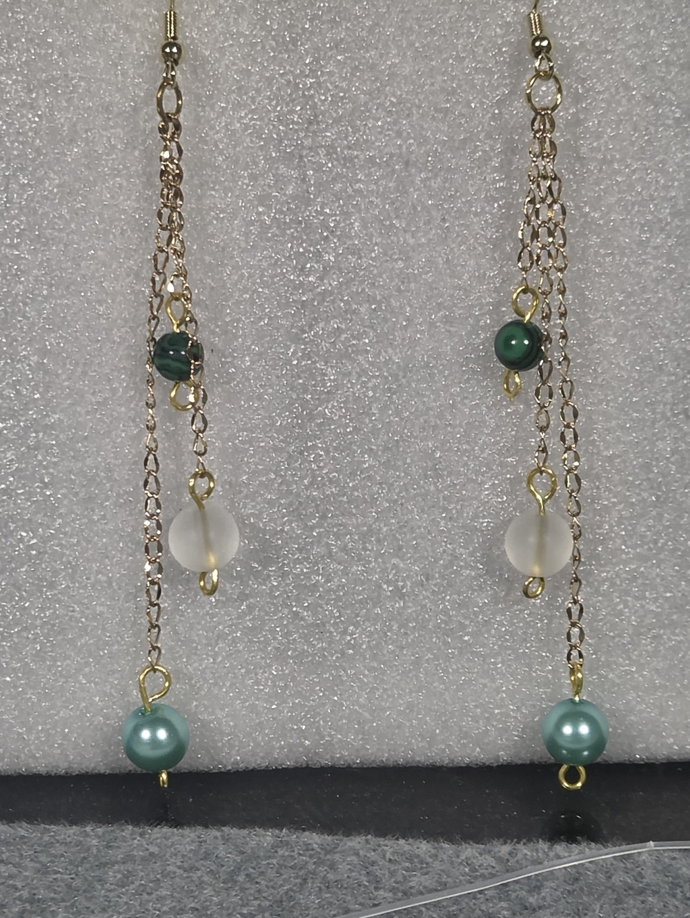 Handcrafted Delicate Gold Chain Drop Earrings with Green And White Beads